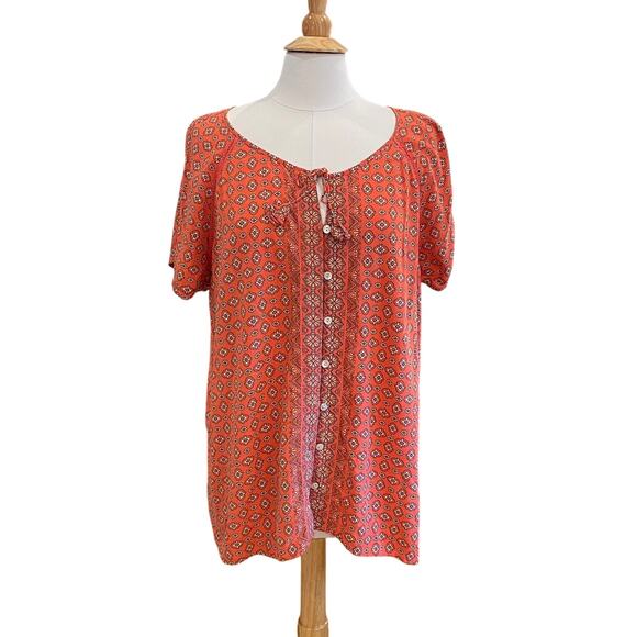 J. Jill Orange Floral Print Short Sleeve Button Down Blouse, Boho, Tassels, XL - Picture 1 of 12
